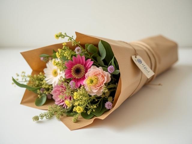 Ramo de flores con empaque sostenible y eco-amigable