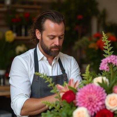 Carlos R., diseñador floral de Taiga Petal, trabajando en un ramo con concentración.