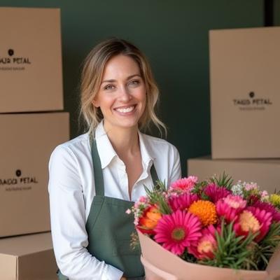 Sofía M., encargada de logística de Taiga Petal, organizando entregas con una sonrisa.
